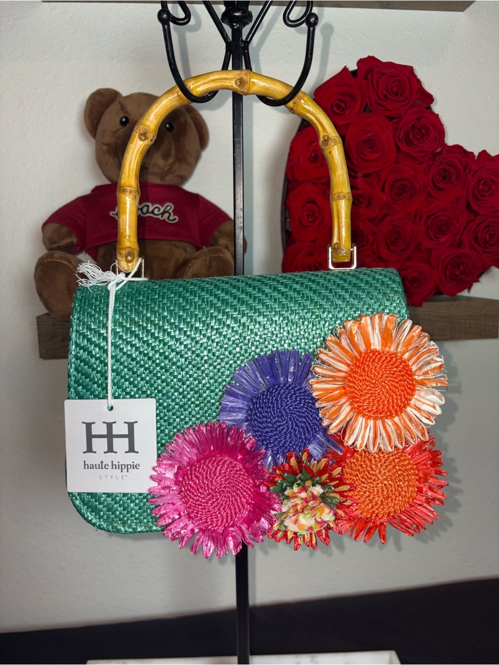 Haute Hippie Green Woven Mini Top-Handle Bag with Multicolor Floral Accents